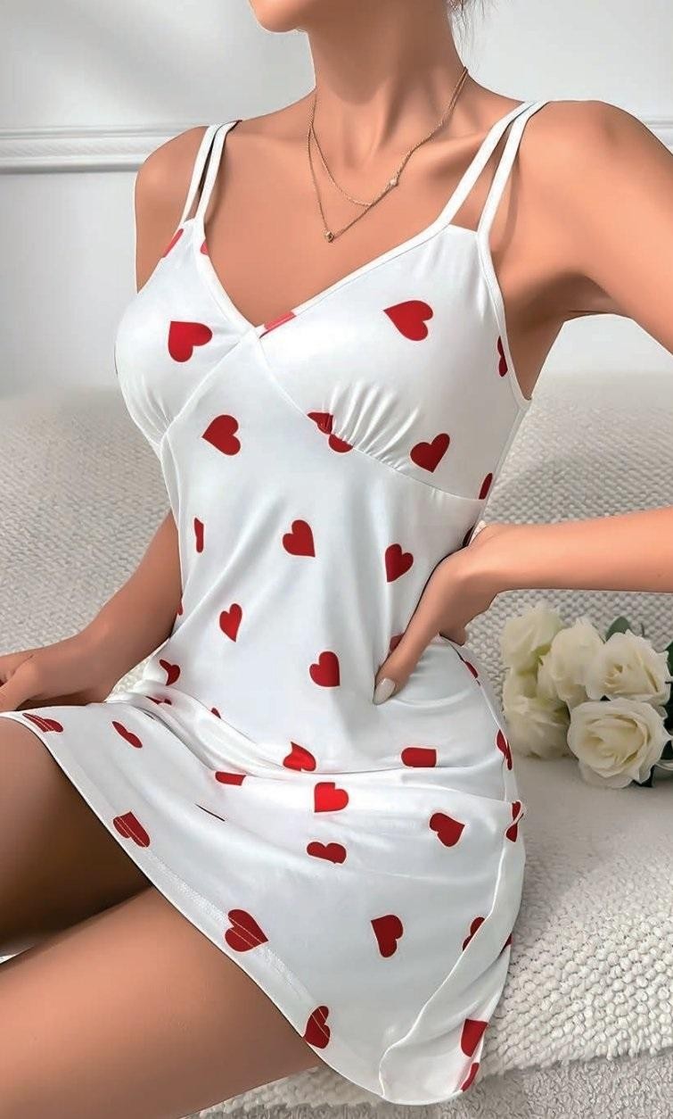 Çift Askılı Kalp Desenli Kısa Kadın Gecelik NightLight 3790