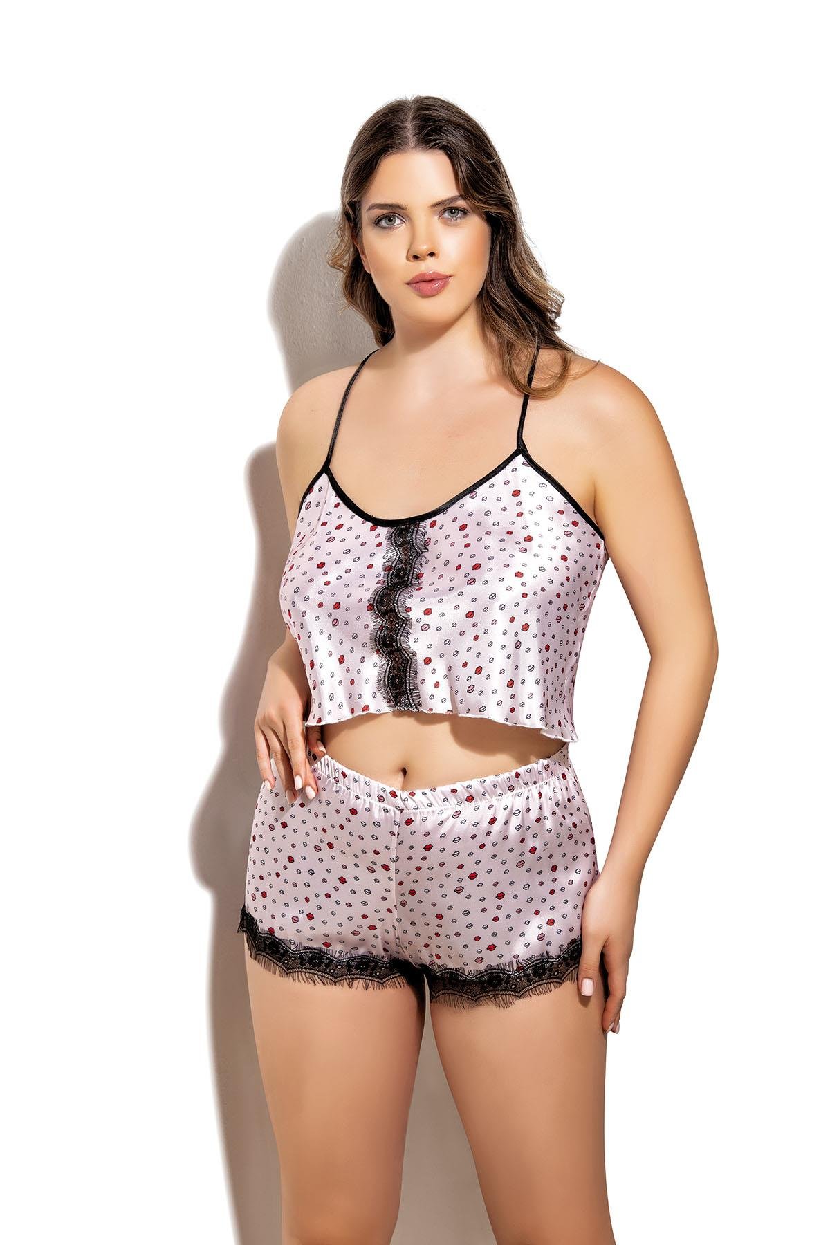 Nightlight Öpücük Desenli Fantazi Büyük Beden Şortlu Saten Takım                                        (3568)