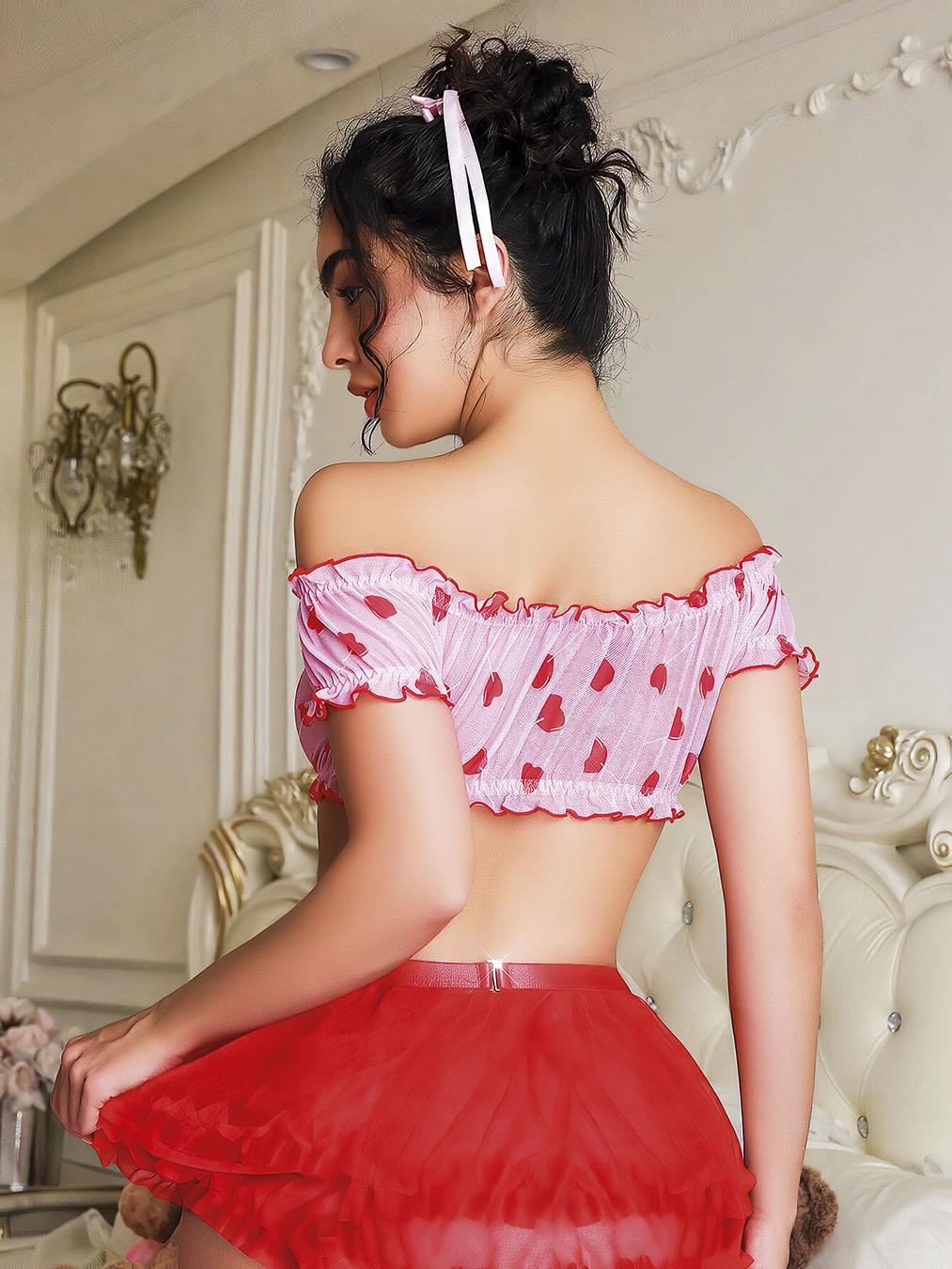 Kırmızı kalp desenli pembe etekli fantezi takım                                        (3665)
